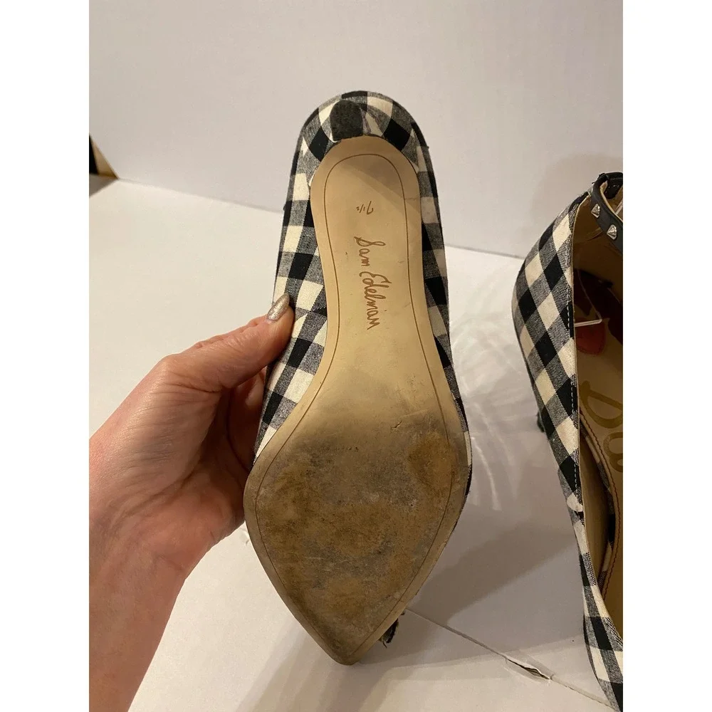 Sam Edelman Hazel Gingham Beaded Floral Ankle Strap Pumps Black White 7.5
